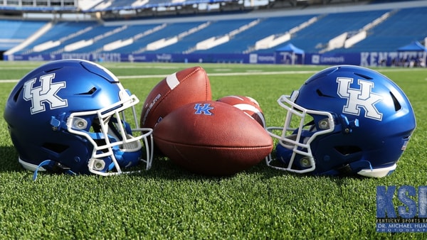 Kentucky footballs and helmets at Kroger Field on Media Day - Dr. Michael Huang, Kentucky Sports Radio