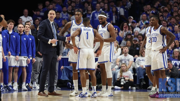 Mark Pope talks to his players during a game - Dr. Michael Huang, Kentucky Sports Radio