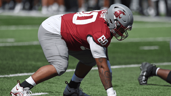 Aug 31, 2024; Pullman, Washington, USA; Washington State Cougars defensive tackle David Gusta (60) comes set for a play against the Portland State Vikings in the first half at Gesa Field at Martin Stadium. Mandatory Credit: James Snook-USA TODAY Sports