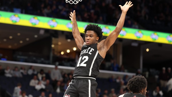 Dec 21, 2024; Memphis, Tennessee, USA; Mississippi State Bulldogs guard Josh Hubbard (12) reacts after a dunk during the second half against the Memphis Tigers at FedExForum. Mandatory Credit: Wesley Hale-Imagn Images