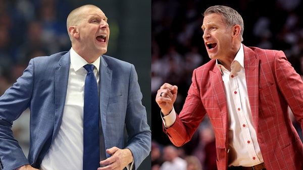 Kentucky head coach Mark Pope and Alabama head coach Nate Oats - Left photo: Dr. Michael Huang, Kentucky Sports Radio; Right photo: © Erik Williams-Imagn Images