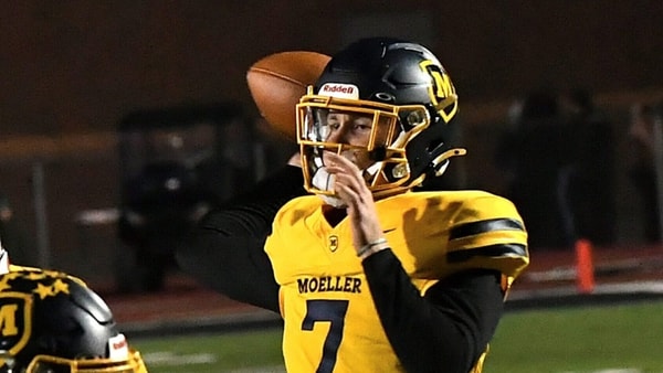 Matt Ponatoski eyes a touchdown pass for Moeller during the OHSAA Division I football regional semifinals Nov. 15, 2024, at Dwire Field in Mason, Ohio.