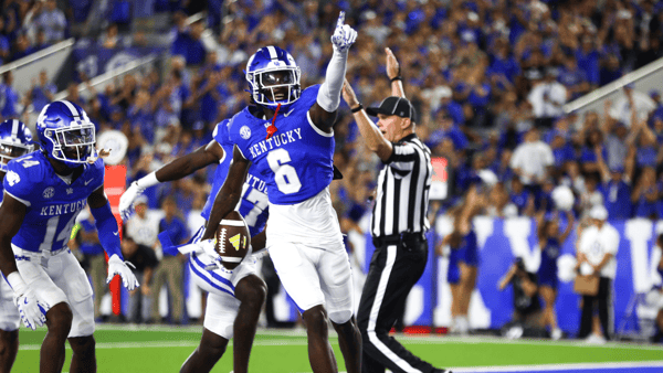Aug 31, 2024; Lexington, Kentucky, USA; Kentucky Wildcats defensive back JQ Hardaway (6) celebrates after an interception in the end zone against Southern Miss Golden Eagles during the second quarter at Kroger Field. Mandatory Credit: Carter Skaggs-Imagn Images