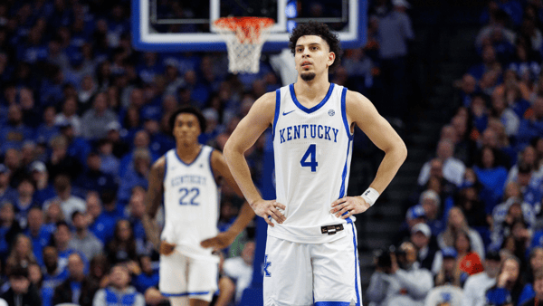 Kentucky Wildcats guard Koby Brea (4) looks on as a teammate shoots a free throw during the second half against the Auburn Tigers at Rupp Arena at Central Bank Center. Mandatory Credit: Jordan Prather-Imagn Images