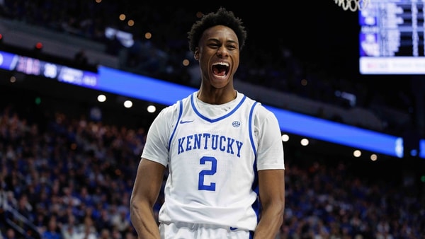 Jan 14, 2025; Lexington, Kentucky, USA; Kentucky Wildcats guard Jaxson Robinson (2) celebrates after making a basket during the second half against the Texas A&M Aggies at Rupp Arena at Central Bank Center. Mandatory Credit: Jordan Prather-Imagn Images