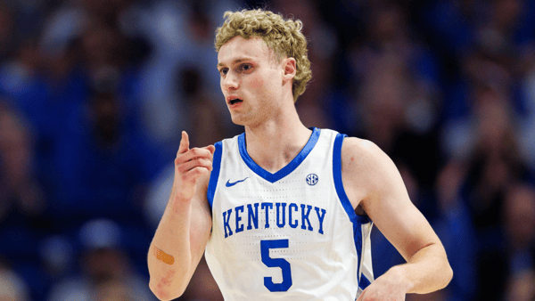 Kentucky Wildcats guard Collin Chandler (5) reacts after making a three-point basket during the first half against the LSU Tigers at Rupp Arena at Central Bank Center. Mandatory Credit: Jordan Prather-Imagn Images