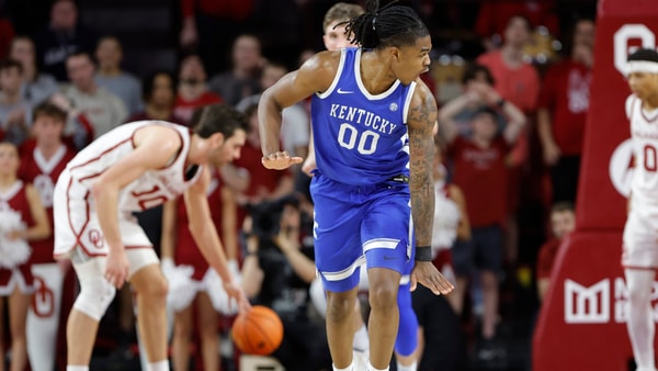 Feb 26, 2025; Norman, Oklahoma, USA; Kentucky Wildcats guard Otega Oweh (00) gestures after scoring against the Oklahoma Sooners during the second half at Lloyd Noble Center. Mandatory Credit: Alonzo Adams-Imagn Images