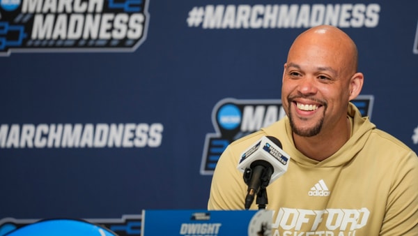Mar 19, 2025; Lexington, KY, USA; Woofford head coach Dwight Perry speak to media during NCAA Tournament First Round Practice at Rupp Arena. Mandatory Credit: Aaron Doster-Imagn Images