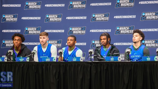 Kentucky's Amari Williams, Andrew Carr, Lamont Butler, Otega Oweh, and Koby Brea at the podium during the press conference ahead of Kentucky's first NCAA Tournament game - Mont Dawson, Kentucky Sports Radio