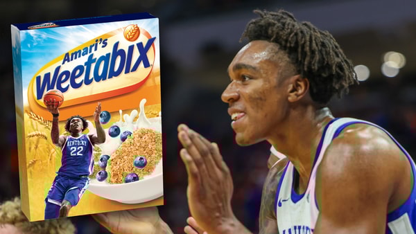Amari Williams and his custom Weetabix box (Original photo by Mont Dawson, Kentucky Sports Radio, Illustration by Weetabix)