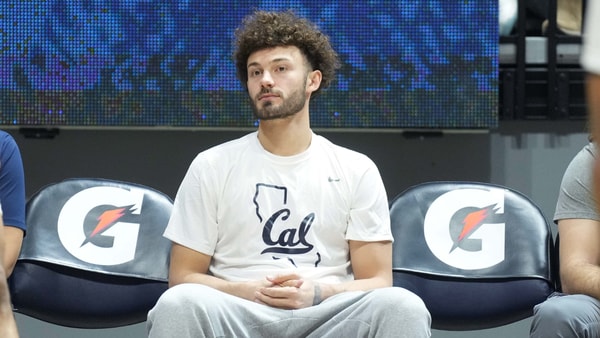 Jan 10, 2024; Berkeley, California, USA; California Golden Bears guard Devin Askew (55) sits on the sidelines before the game against the Colorado Buffaloes at Haas Pavilion. Mandatory Credit: Darren Yamashita-Imagn Images