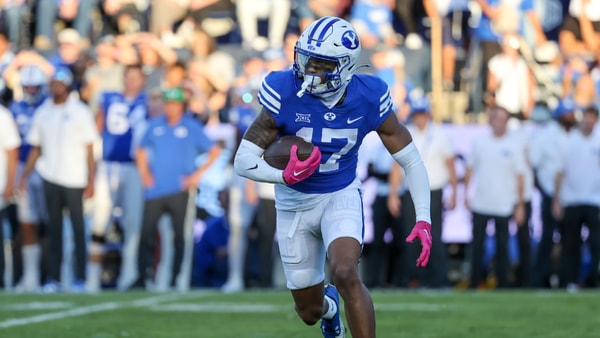 Oct 21, 2023; Provo, Utah, USA; Brigham Young Cougars wide receiver Keelan Marion (17) returns a kick against the Texas Tech Red Raiders in the first half at LaVell Edwards Stadium. Mandatory Credit: Rob Gray-Imagn Images