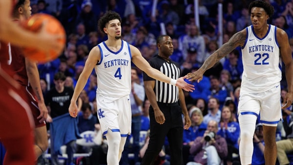 Dec 11, 2024; Lexington, Kentucky, USA; Kentucky Wildcats center Amari Williams (22) fives guard Koby Brea (4) during the second half against the Colgate Raiders at Rupp Arena at Central Bank Center. Mandatory Credit: Jordan Prather-Imagn Images