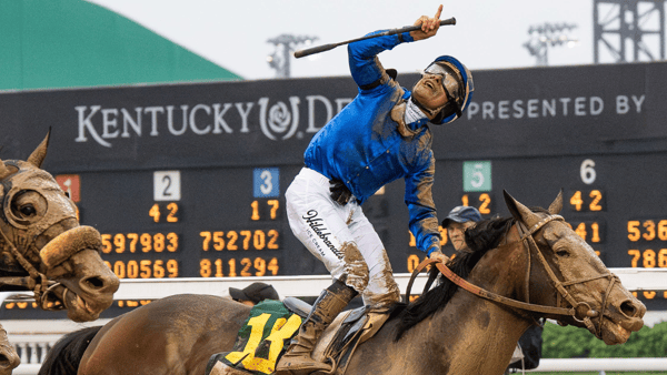 Junior Alvarado celebrates a Kentucky Derby win on Sovereignty, via Jeff Faughender:Courier Journal : USA TODAY NETWORK via Imagn Images