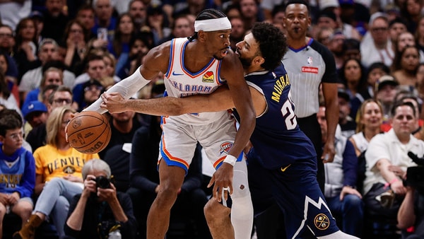 May 11, 2025; Denver, Colorado, USA; Oklahoma City Thunder guard Shai Gilgeous-Alexander (2) controls the ball under pressure from Denver Nuggets guard Jamal Murray (27) in the fourth quarter during game four of the second round of the 2025 NBA Playoffs at Ball Arena. Mandatory Credit: Isaiah J. Downing-Imagn Images