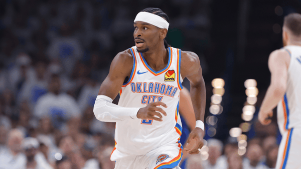 May 13, 2025; Oklahoma City, Oklahoma, USA; Oklahoma City Thunder guard Shai Gilgeous-Alexander (2) runs down the court for a play against the Denver Nuggets during the first quarter of game five of the second round for the 2025 NBA Playoffs at Paycom Center. Mandatory Credit: Alonzo Adams-Imagn Images