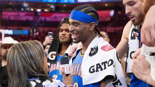 May 18, 2025; Oklahoma City, Oklahoma, USA; Oklahoma City Thunder guard Shai Gilgeous-Alexander (2) talks to a tv reporter following his teams win against the Denver Nuggets in game seven of the second round for the 2025 NBA Playoffs at Paycom Center. Mandatory Credit: Alonzo Adams-Imagn Images