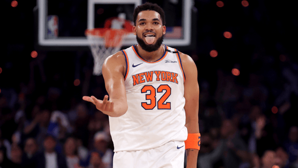 May 16, 2025; New York, New York, USA; New York Knicks center Karl-Anthony Towns (32) celebrates his three point shot against the Boston Celtics during the first quarter of game six in the second round of the 2025 NBA Playoffs at Madison Square Garden. Mandatory Credit: Brad Penner-Imagn Images