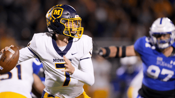 Moeller Crusaders Matt Ponatoski (7) looks to throw in the first half of a second-round Division I OHSAA high school football game against the St. Xavier Bombers, Friday, Nov. 3, 2023, at St. Xavier High School s RDI Field in Cincinnati. | © Kareem Elgazzar/The Enquirer / USA TODAY NETWORK
