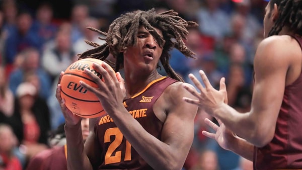 Arizona State Sun Devils forward Jayden Quaintance (21) catches a rebound against Kansas Jayhawks in the first half of the game inside Allen Fieldhouse Wednesday, Jan. 8, 2025.© Evert Nelson/The Capital-Journal / USA TODAY NETWORK via Imagn Images