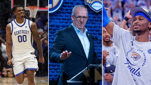 Photos of Otega Oweh (left), Greg Sankey (middle), and Shai Gilgeous-Alexander via Kentucky Sports Radio, Imagn Images