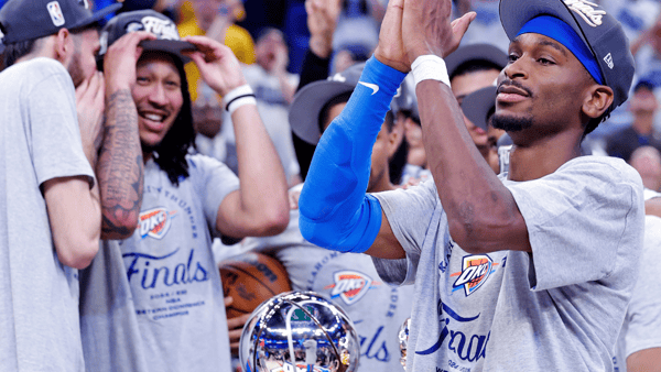 May 28, 2025; Oklahoma City, Oklahoma, USA; Oklahoma City Thunder guard Shai Gilgeous-Alexander (2) signals to the fans after defeating the Minnesota Timberwolves in game five to win the western conference finals for the 2025 NBA Playoffs at Paycom Center. Mandatory Credit: Alonzo Adams-Imagn Images