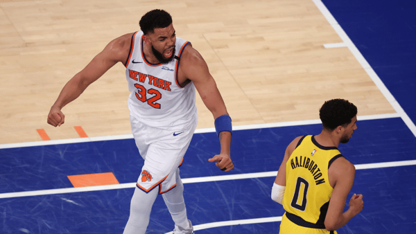 May 29, 2025; New York, New York, USA; New York Knicks center Karl-Anthony Towns (32) reacts in the second quarter against the Indiana Pacers during game five of the eastern conference finals for the 2025 NBA Playoffs at Madison Square Garden. Mandatory Credit: Brad Penner-Imagn Images