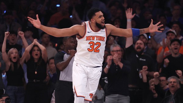 May 29, 2025; New York, New York, USA; New York Knicks center Karl-Anthony Towns (32) reacts in the first quarter against the Indiana Pacers during game five of the eastern conference finals for the 2025 NBA Playoffs at Madison Square Garden. Mandatory Credit: Brad Penner-Imagn Images