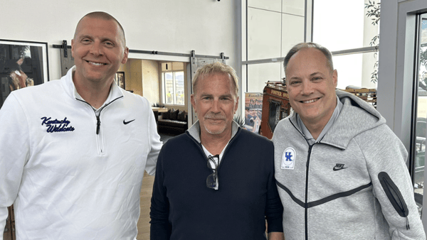 Mark Pope (left), Kevin Costner (middle), and Mark Fox | Photo via Mark Fox (@coachmarkfox)