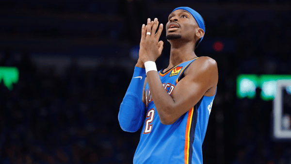 May 22, 2025; Oklahoma City, Oklahoma, USA; Oklahoma City Thunder guard Shai Gilgeous-Alexander (2) reacts after a play against the Minnesota Timberwolves in the third quarter during game two of the western conference finals for the 2025 NBA Playoffs at Paycom Center. Mandatory Credit: Alonzo Adams-Imagn Images
