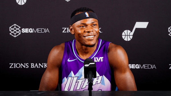 Sep 30, 2024; Salt Lake City, USA; Utah Jazz forward Oscar Tshiebwe (44) talks to the media during media day at Zions Bank Basketball Campus. Mandatory Credit: Utah Jazz via Imagn Images