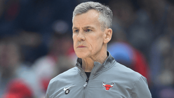 Apr 8, 2025; Cleveland, Ohio, USA; Chicago Bulls head coach Billy Donovan stands on the court in the first quarter against the Cleveland Cavaliers at Rocket Arena. Mandatory Credit: David Richard-Imagn Images