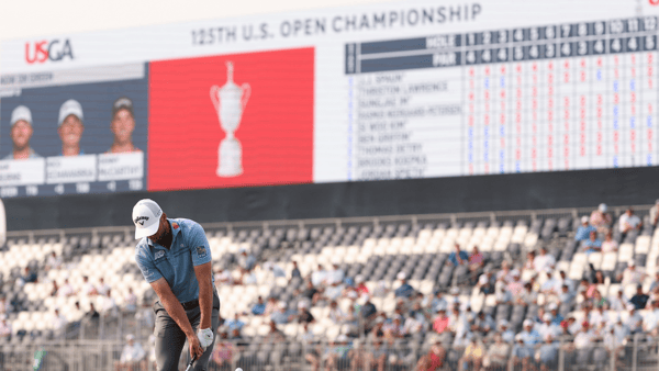 Jun 12, 2025; Oakmont, Pennsylvania, USA; Sam Burns chips out of the rough on the 17th hole during the first round of the U.S. Open golf tournament. Mandatory Credit: Bill Streicher-Imagn Images