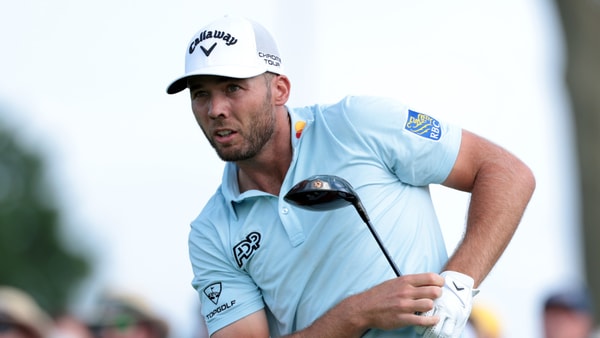 Jun 14, 2025; Oakmont, Pennsylvania, USA; Sam Burns plays his shot from the 15th tee during the third round of the U.S. Open golf tournament. Mandatory Credit: Bill Streicher-Imagn Images