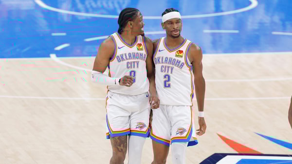 Jun 16, 2025; Oklahoma City, Oklahoma, USA; Oklahoma City Thunder forward Jalen Williams (8) and guard Shai Gilgeous-Alexander (2) walk back up the court in the first quarter against the Indiana Pacers during game five of the 2025 NBA Finals at Paycom Center. Mandatory Credit: Alonzo Adams-Imagn Images