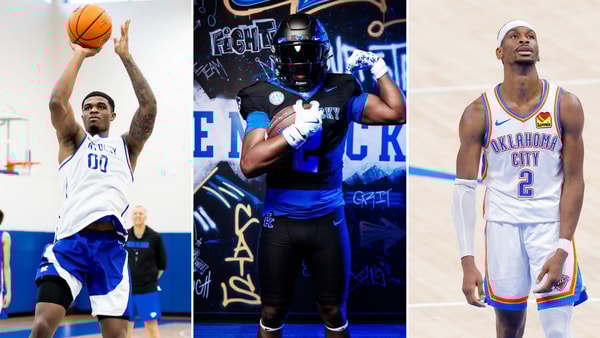 Photos of Otega Oweh (left), Delvecchio "Deuce" Alston (middle), and Shai Gilgeous-Alexander via UK Athletics, Imagn Images