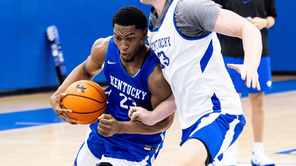 Mo Dioubate drives the lane at a Kentucky summer basketball practice, via UK Athletics
