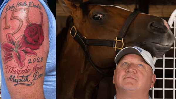 Kenny McPeek posed with Mystik Dan after his Kentucky Derby win, what does he think of his new tattoo? (Image on right via Clare Grant-USA TODAY NETWORK via Imagn Images)
