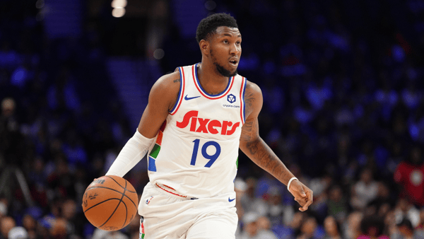 Apr 5, 2025; Philadelphia, Pennsylvania, USA; Philadelphia 76ers forward Justin Edwards (19) controls the ball against the Minnesota Timberwolves in the first quarter at Wells Fargo Center. Mandatory Credit: Kyle Ross-Imagn Images