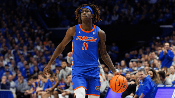 Jan 4, 2025; Lexington, Kentucky, USA; Florida Gators guard Denzel Aberdeen (11) handles the ball during the first half against the Kentucky Wildcats at Rupp Arena at Central Bank Center. Mandatory Credit: Jordan Prather-Imagn Images
