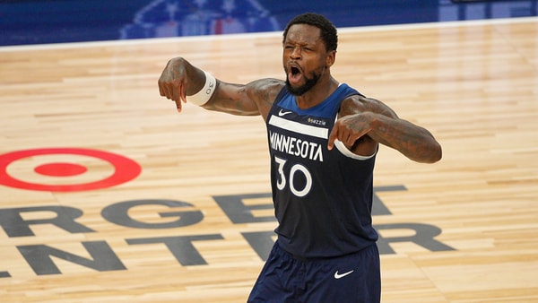May 24, 2025; Minneapolis, Minnesota, USA; Minnesota Timberwolves forward Julius Randle (30) reacts against the Oklahoma City Thunder during the second half in game three of the western conference finals for the 2025 NBA Playoffs at Target Center. Mandatory Credit: Brad Rempel-Imagn Images