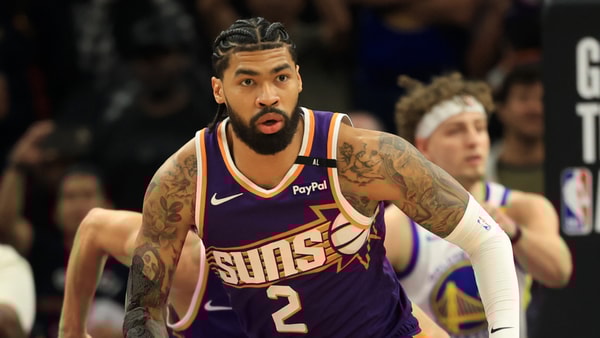 Apr 8, 2025; Phoenix, Arizona, USA; Phoenix Suns center Nick Richards (2) against the Golden State Warriors at Footprint Center. Mandatory Credit: Mark J. Rebilas-Imagn Images