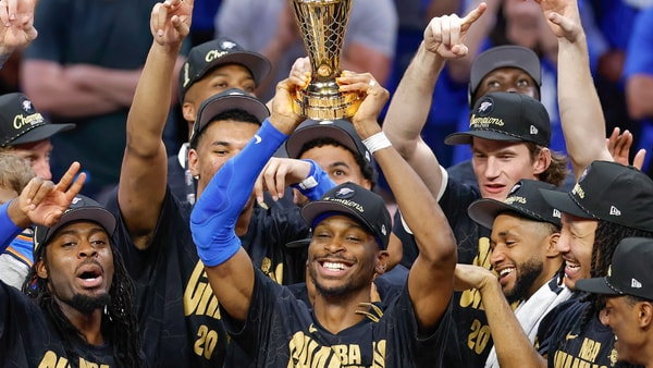 Jun 22, 2025; Oklahoma City, Oklahoma, USA; Oklahoma City Thunder guard Shai Gilgeous-Alexander (2) holds up his NBA Finals Bill Russell MVP trophy at the end of game seven of the 2025 NBA Finals after defeating the Indiana Pacers at Paycom Center. Mandatory Credit: Alonzo Adams-Imagn Images