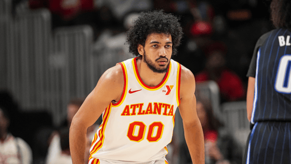 Apr 13, 2025; Atlanta, Georgia, USA; Atlanta Hawks forward Jacob Toppin (00) on the court during the game against the Orlando Magic during the second half at State Farm Arena. Mandatory Credit: Dale Zanine-Imagn Images