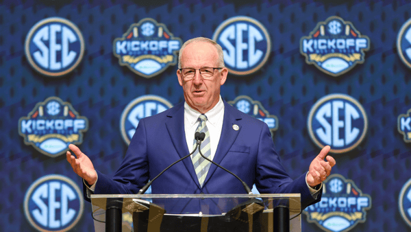 Jul 16, 2025; Atlanta, GA, USA; SEC commissioner Greg Sankey speaks to the media during the SEC Media Day at Omni Atlanta Hotel. Mandatory Credit: Jordan Godfree-Imagn Images