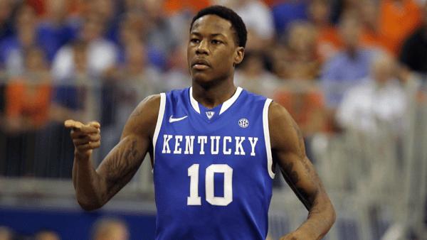 February 12, 2013; Gainesville, FL, USA; Kentucky Wildcats guard Archie Goodwin (10) reacts after he dunked the ball against the Florida Gators during the first half at the Stephen C. O'Connell Center. Mandatory Imagn Images