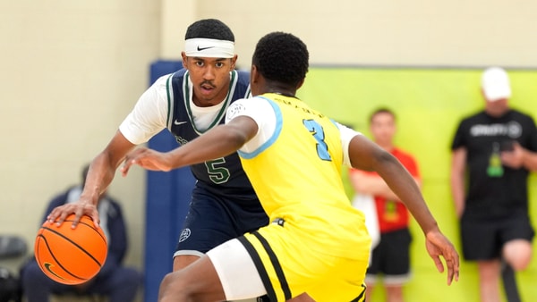 July 15, 2025; North Augusta, South Carolina, USA; Oakland Soldiers Jason Crowe Jr. (5) dribbles as Team Final RJ Smith (3) defends during the Oakland Soldiers and Team Final game at Nike EYBL Peach Jam at Riverview Park Activities Center. The Oakland Soldiers won 86-75. Mandatory Credit: Katie Goodale - Augusta Chronicle/USA TODAY NETWORK