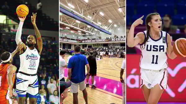 Photos of Ansley Almonor (left) and Peach Jam gym (middle) via Kentucky Sports Radio | Photo of Maddyn Greenway via FIBA