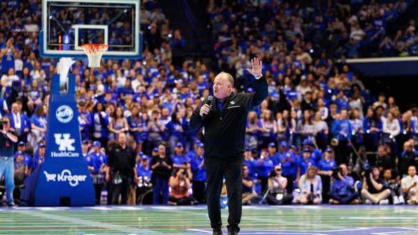 Oct 11, 2024; Lexington, KY, USA; Kentucky Wildcats football head coach Mark Stoops is brought onto the court during Big Blue Madness at Rupp Arena at Central Bank Center. Mandatory Credit: Jordan Prather-Imagn Images