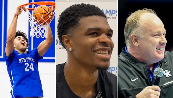 Photo of Malachi Moreno (left) via Chet White, UK Athletics | Photos of Otega Oweh (middle) and Mark Stoops via Kentucky Sports Radio